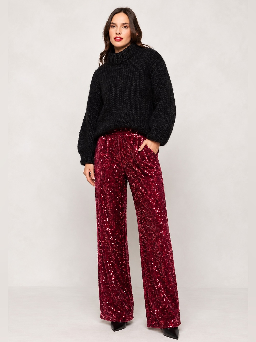 NWT Vince Camuto Sequin Flare Leg Pants Dark Wine Burgundy Sz L